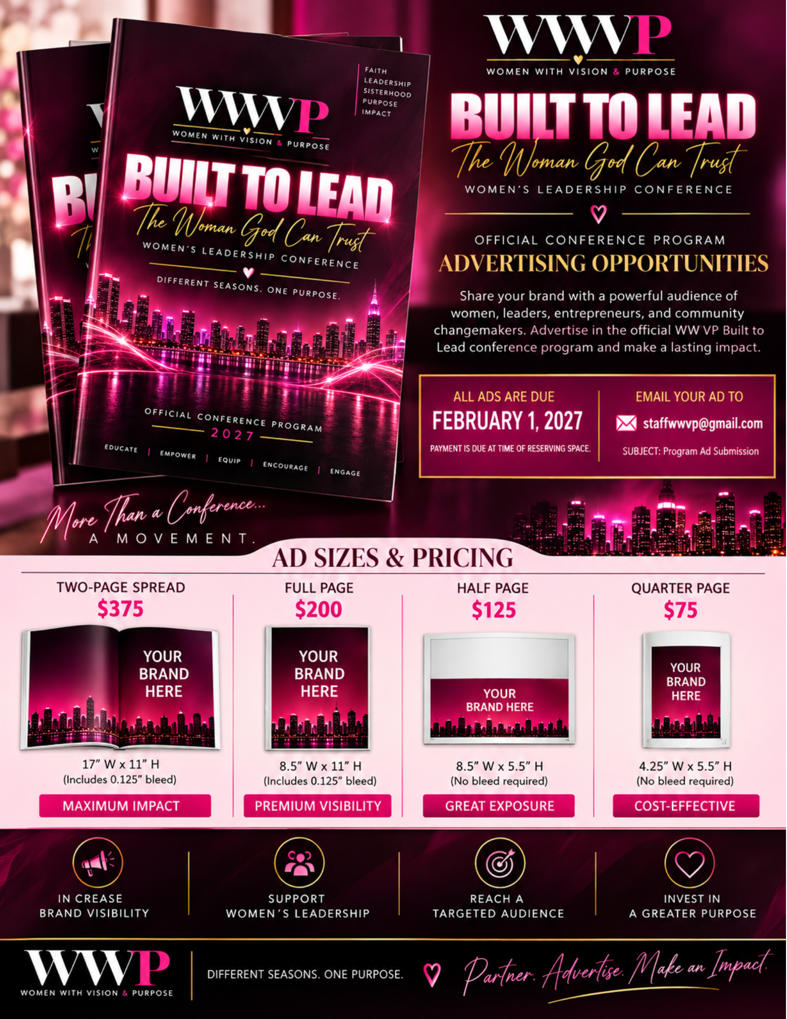 WWVP Built to Lead conference program advertising opportunities — ad sizes and pricing